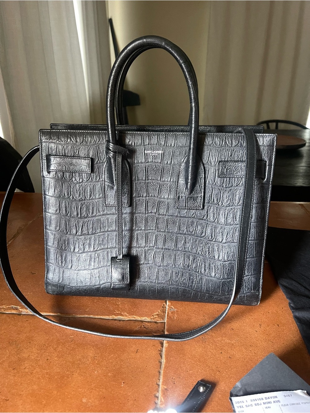 Saint Laurent Black Croc-Embossed Sac De Jour